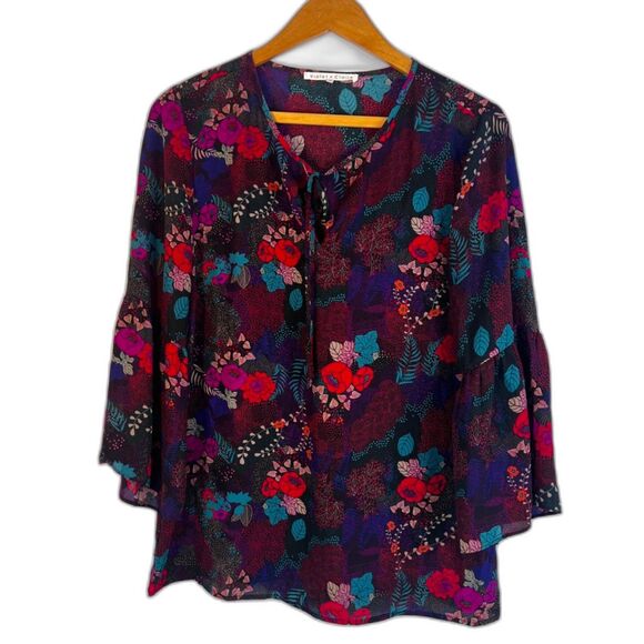 Violet & Claire Tops - Violet & Claire Dark Floral Bell Sleeve Tie Neck Boho Peasant Blouse Size Medium
